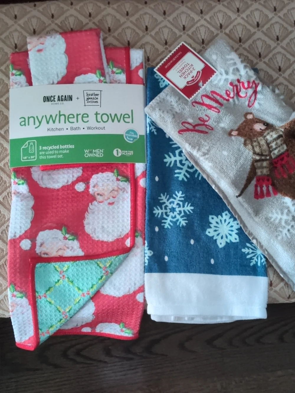 Kitchen Towel Set - Red Santa & Blue Snowflake Holiday Towels. NWT